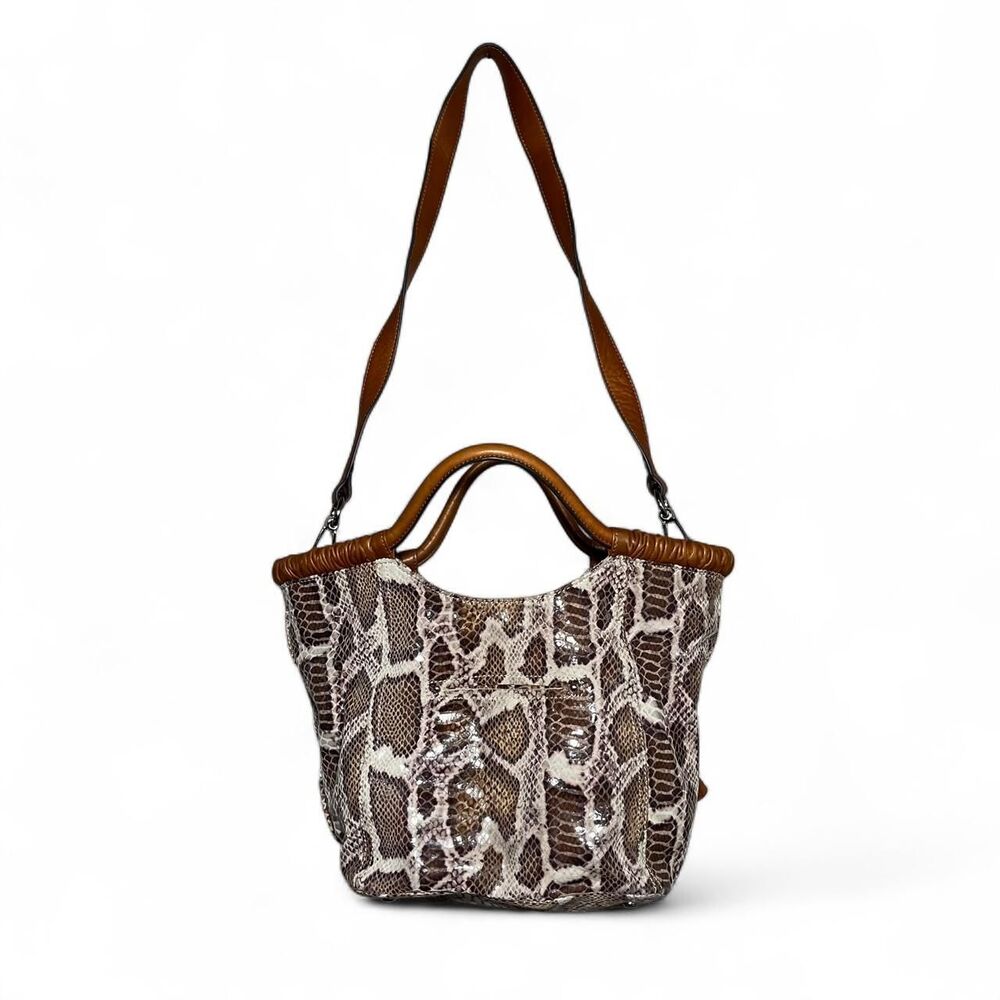 B Makowsky Snakeskin Leather Brown & Cream Tote Bag Purse with Crossbody Strap